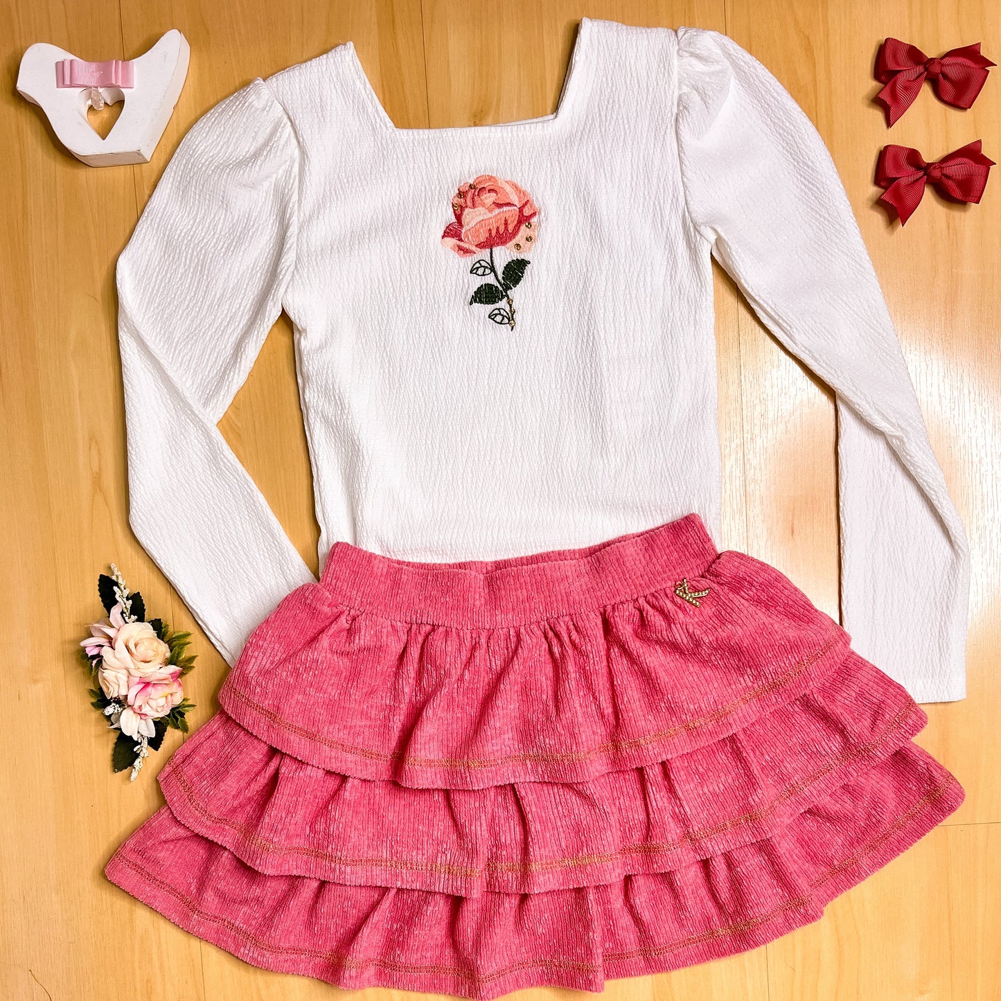 Conjunto Infantil Feminino Inverno Rosa Bordada - Kiki Xodó