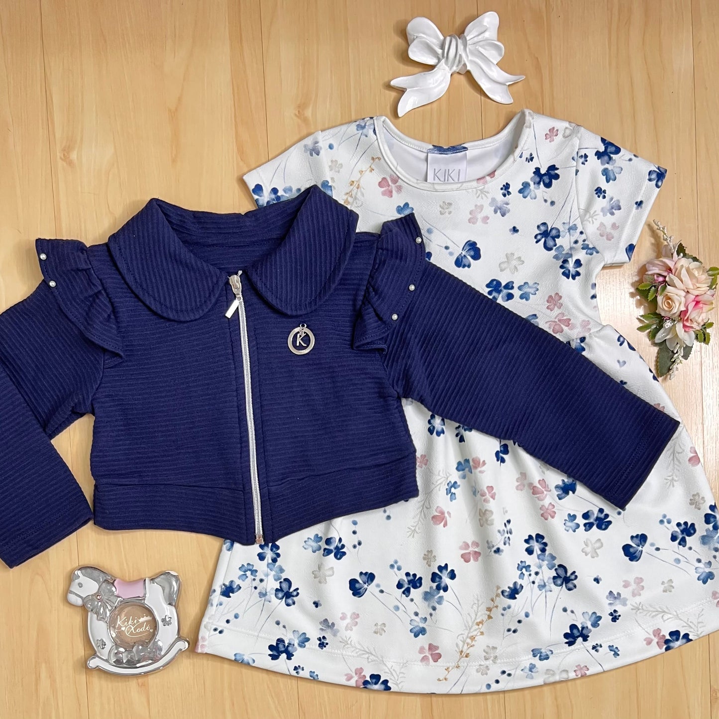 Vestido com Jaqueta Infantil Inverno Flores Azul - Kiki Xodó
