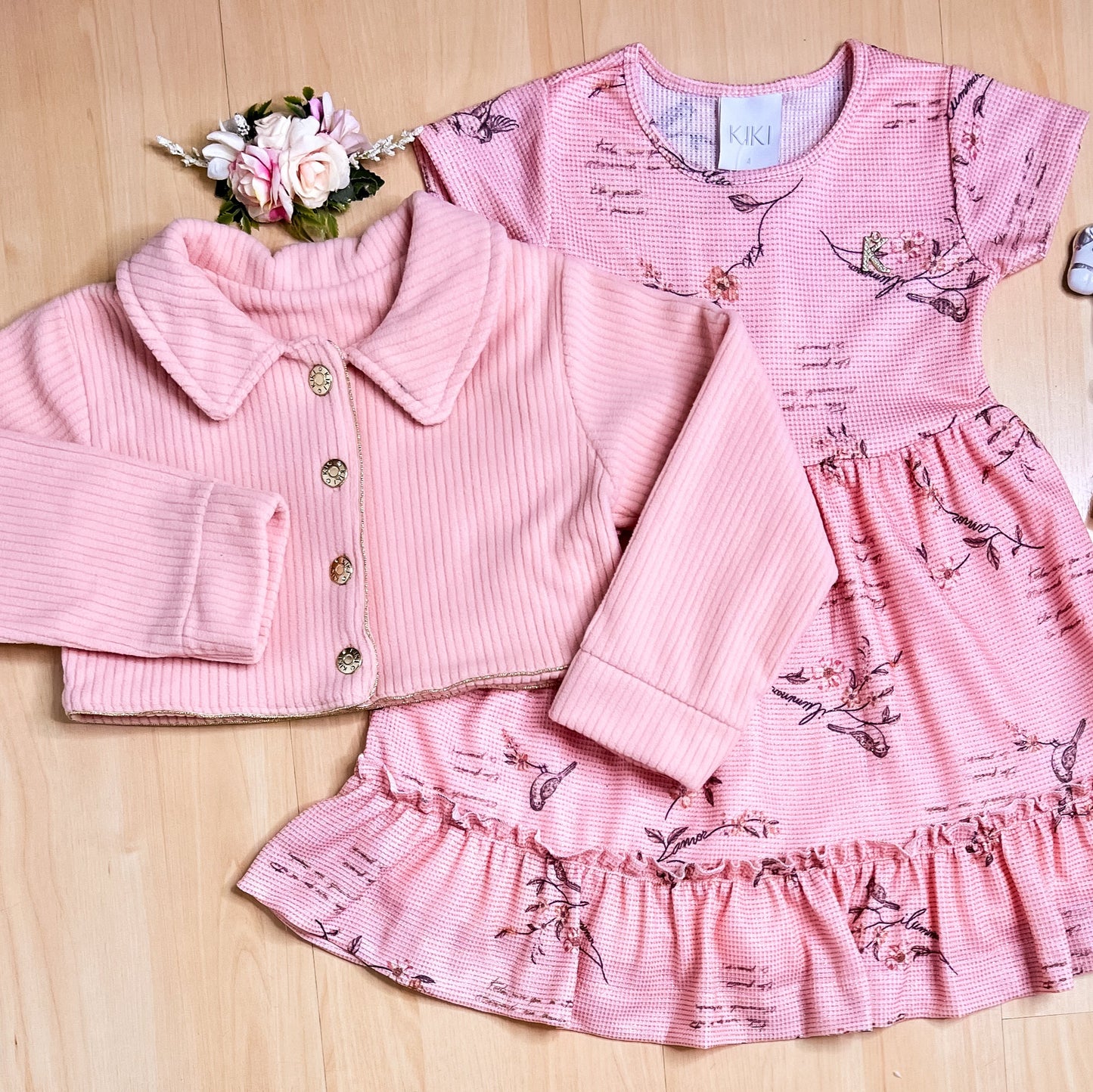 Vestido com Jaqueta Infantil Inverno Florzinha Rose - Kiki Xodó