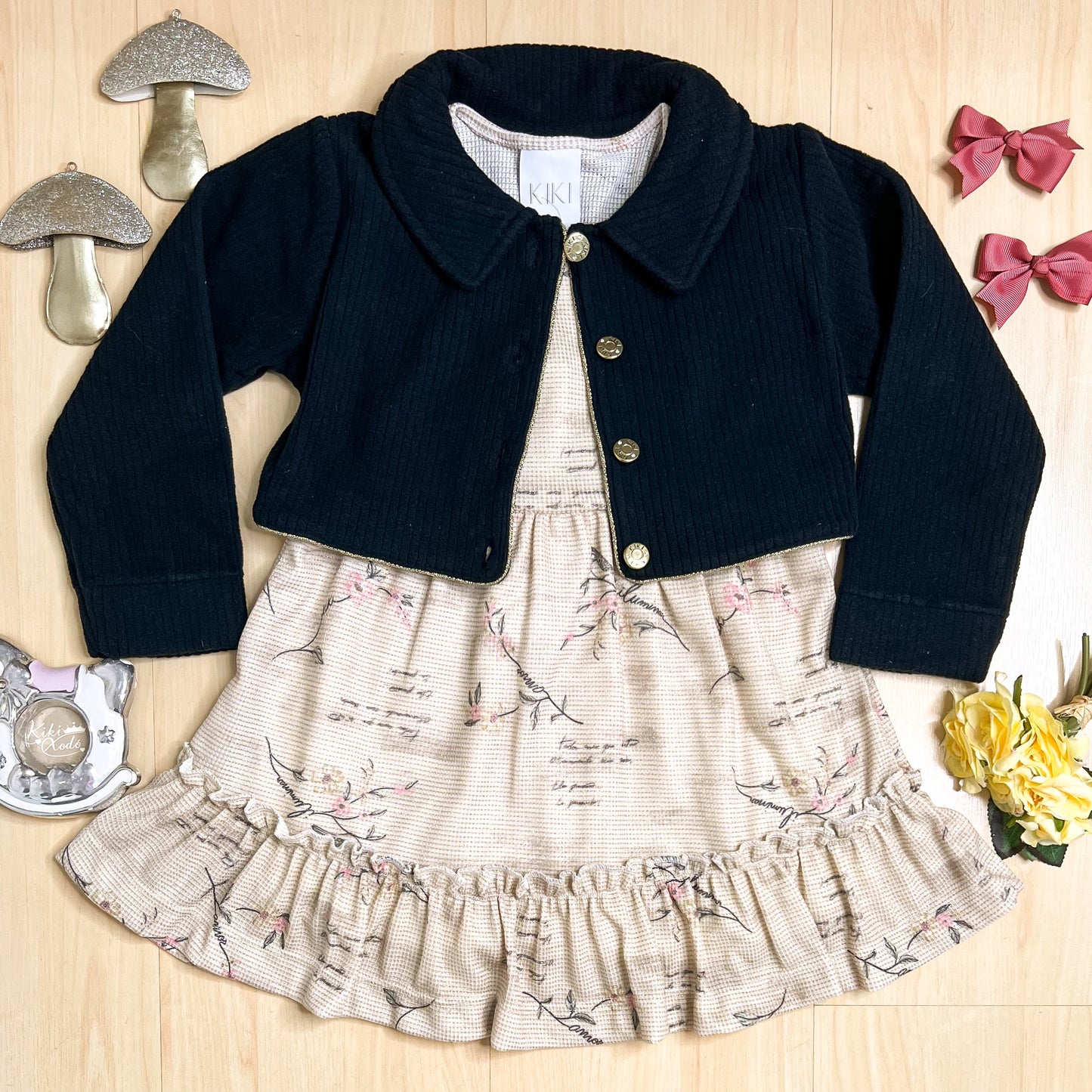 Vestido com Jaqueta Infantil Inverno Florzinha Preto - Kiki Xodó