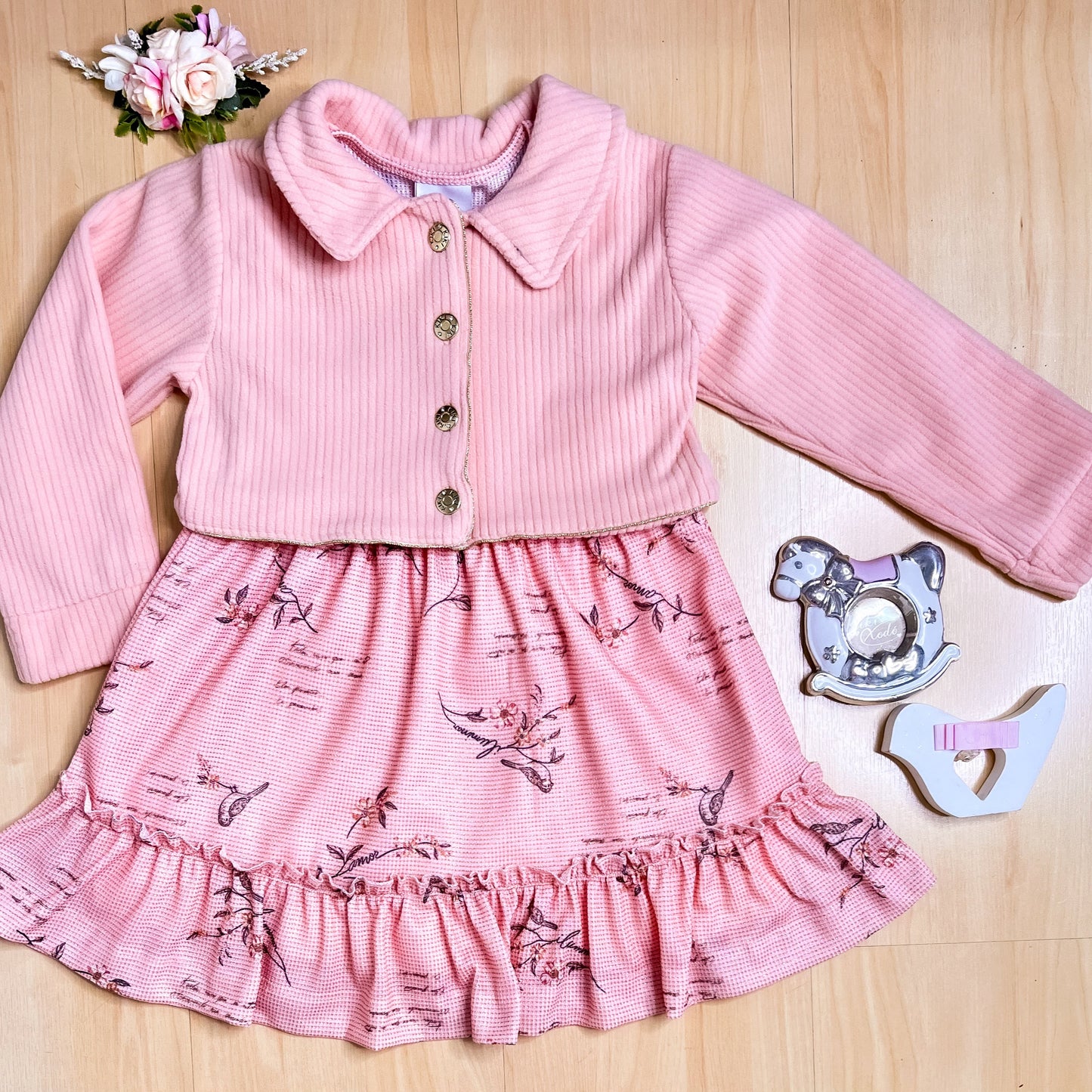 Vestido com Jaqueta Infantil Inverno Florzinha Rose - Kiki Xodó