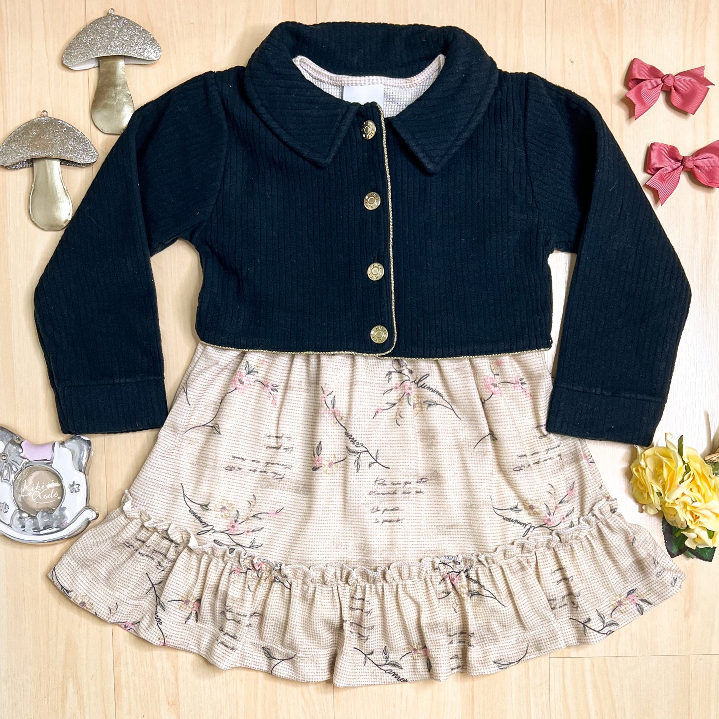 Vestido com Jaqueta Infantil Inverno Florzinha Preto - Kiki Xodó