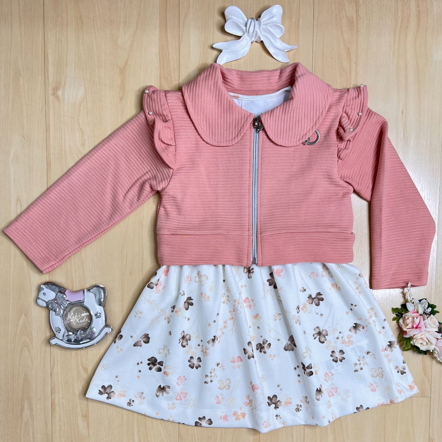 Vestido com Jaqueta Infantil Inverno Flores Caramelo - Kiki Xodó