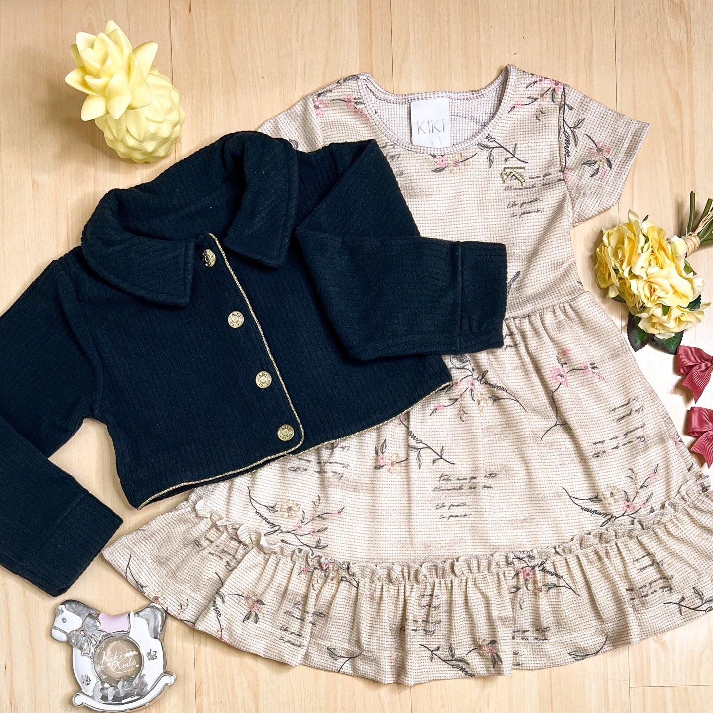 Vestido com Jaqueta Infantil Inverno Florzinha Preto - Kiki Xodó