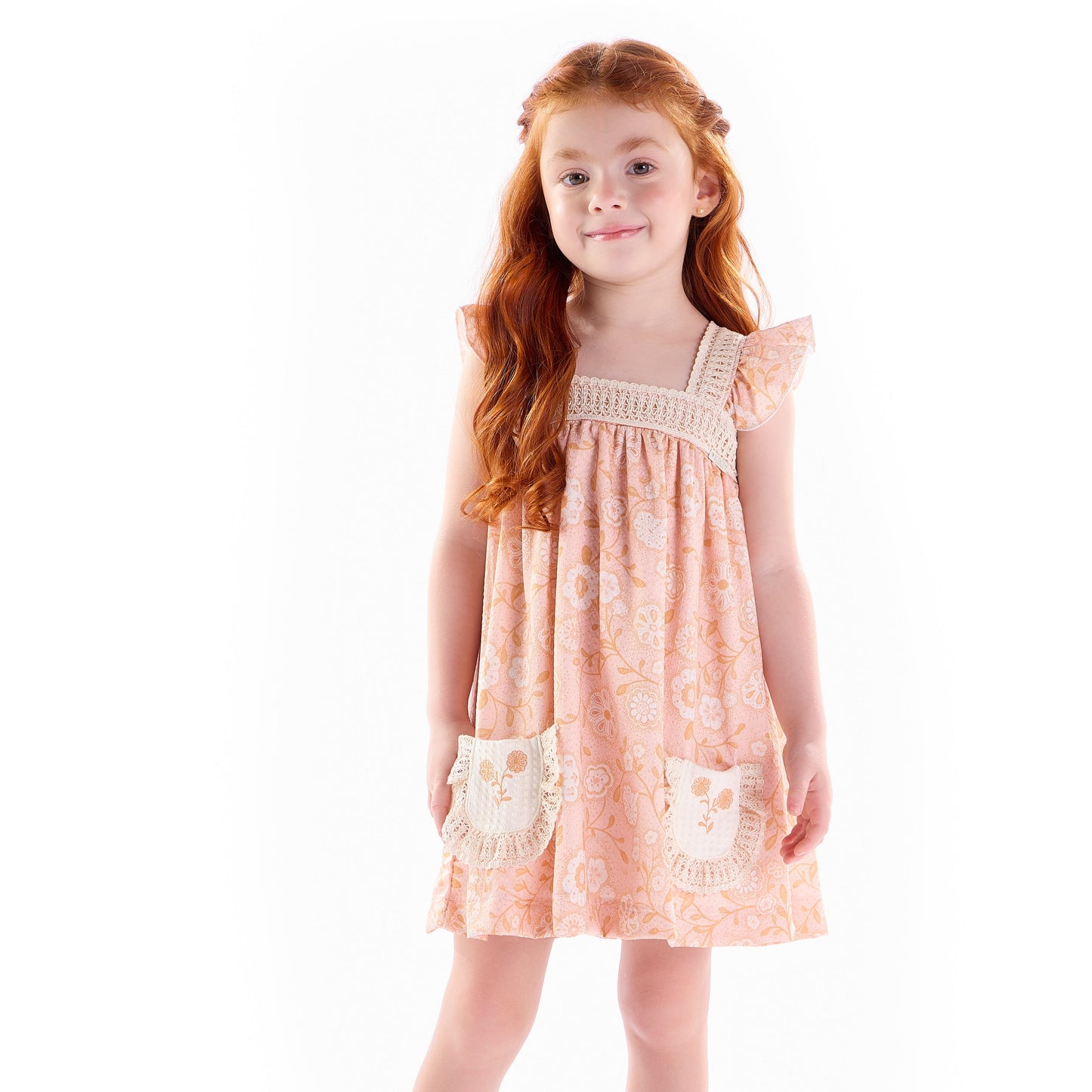 Vestido Infantil Feminino Bolsinhos Salmão - Kiki Xodó