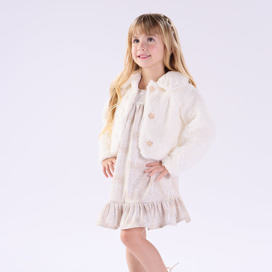 Vestido Inverno Feminino Infantil Flores de Inverno com Casaco Peluciado - Kiki Xodó