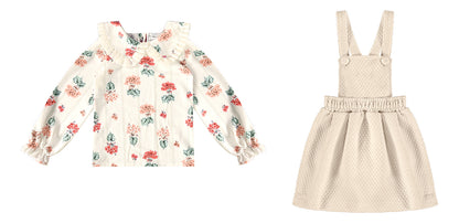 Salopete Inverno Feminino Infantil cor Areia com Camisa Floral cor Off White - Kiki Xodó