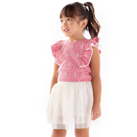 Conjunto Infantil Feminino com Blusa Vermelha Floral e Saia Off White - Kiki Xodó