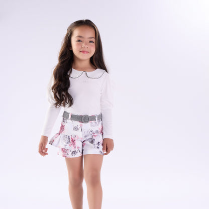 Conjunto Inverno Infantil Feminino Off White com Golas e Saia com Cinto - Kiki Xodó