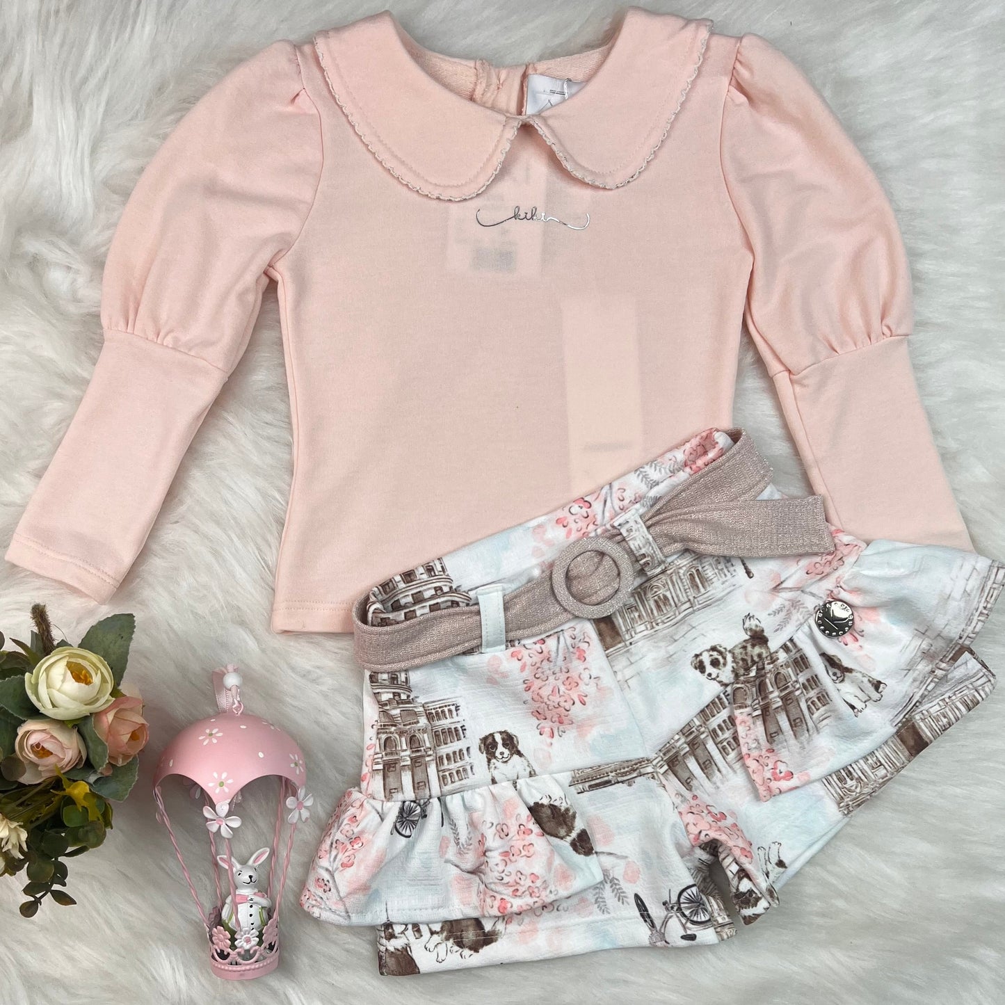 Conjunto Inverno Infantil Feminino Off White com Golas e Saia com Cinto - Kiki Xodó