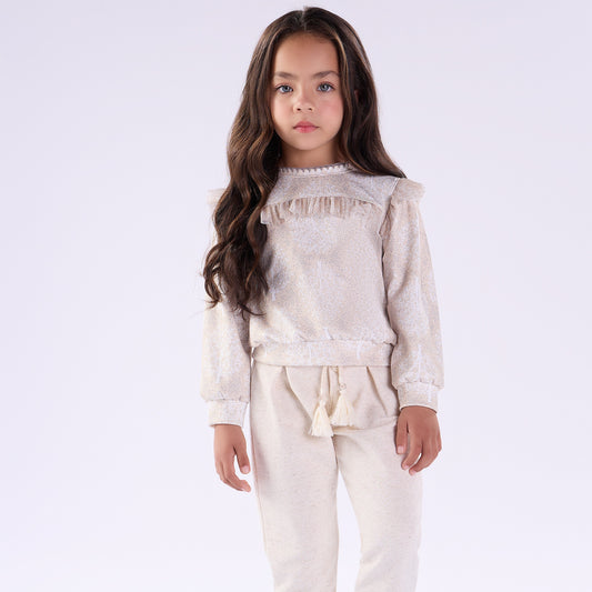 Conjunto Inverno Infantil Feminino Camisa com Babados e Calça com Laço Rose - Kiki Xodó