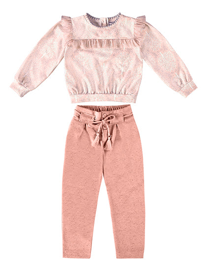 Conjunto Inverno Infantil Feminino Camisa com Babados e Calça com Laço Rose - Kiki Xodó