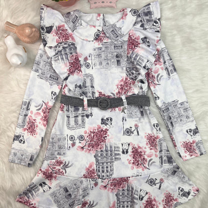 Vestido Inverno Infantil Feminino Estampado e Cinto - Kiki Xodó