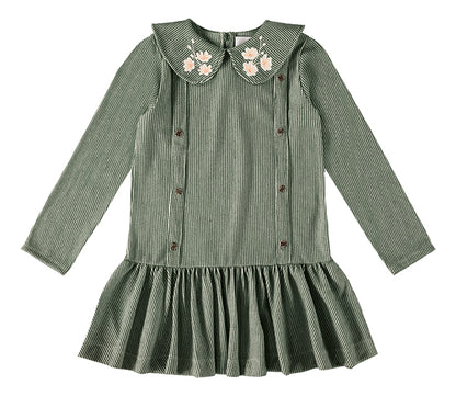Vestido Inverno Infantil Feminino com Gola e Babado Verde - Kiki Xodó