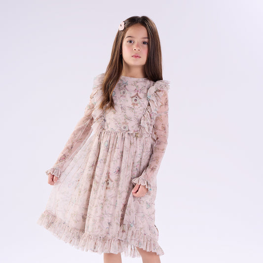 Vestido Inverno Infantil Feminino com Babado e Estampa Floral - Kiki Xodó