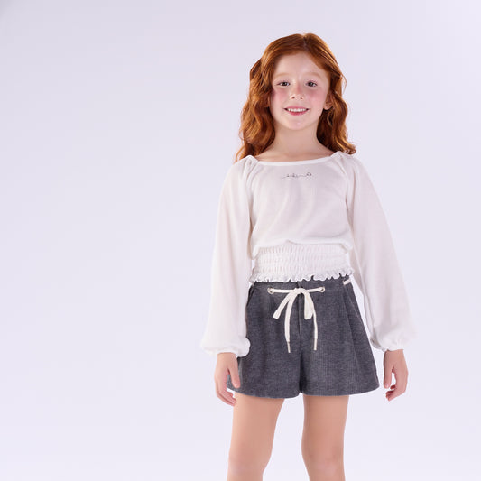 Conjunto Inverno Infantil Feminino Camisa com Elástico na Cintura e Shorts Ajustável - Kiki Xodó