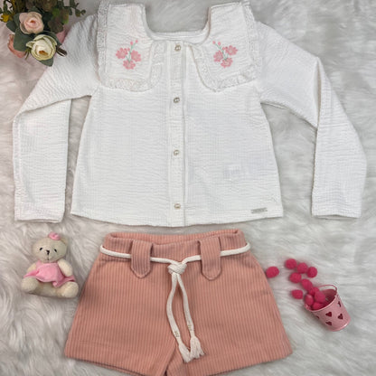 Conjunto Inverno Infantil Feminino Camisa com Botões e Shorts Cotelê - Kiki Xodó