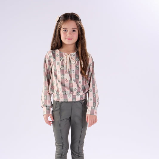 Conjunto Inverno Infantil Feminino Camisa Quadriculada com Laço e Calça - Kiki Xodó