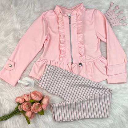 Conjunto Inverno Infantil Feminino Camisa de Ziper e Babado com Calça Listrada Rosa - Kiki Xodó