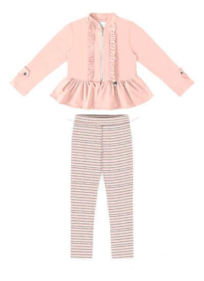 Conjunto Inverno Infantil Feminino Camisa de Ziper e Babado com Calça Listrada Rosa - Kiki Xodó