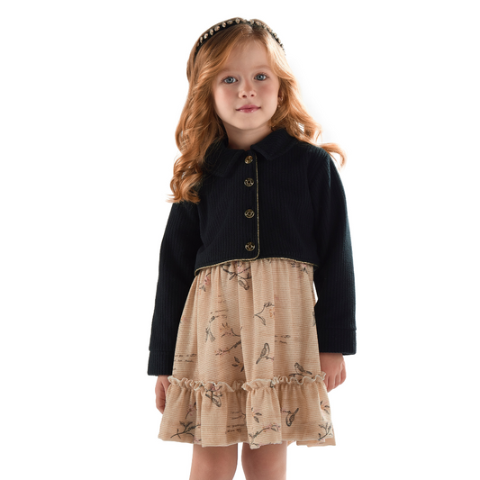 Vestido com Jaqueta Infantil Inverno Florzinha Preto - Kiki Xodó