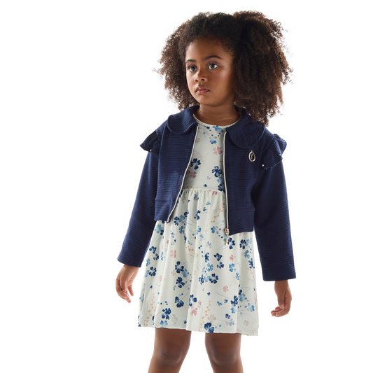 Vestido com Jaqueta Infantil Inverno Flores Azul - Kiki Xodó
