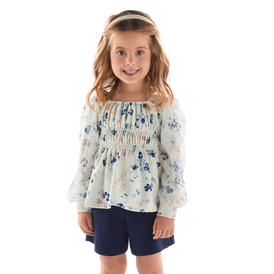 Conjunto Infantil Feminino Inverno Mangas Bufantes Azul - Kiki Xodó