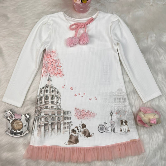Vestido Inverno Feminino Infantil Arte Pompons Rosa - Kiki Xodó