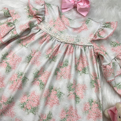 Vestido Inverno Feminino Infantil Flores de Lavanda Rosa - Kiki Xodó