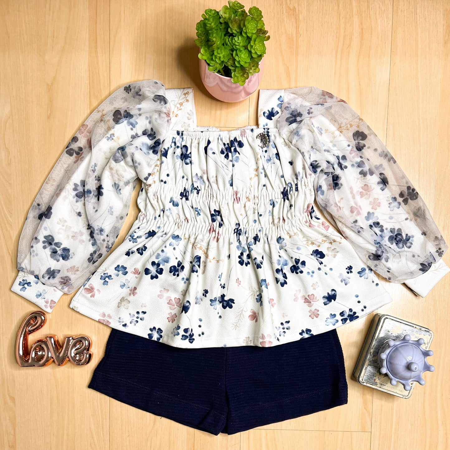 Conjunto Infantil Feminino Inverno Mangas Bufantes Azul - Kiki Xodó
