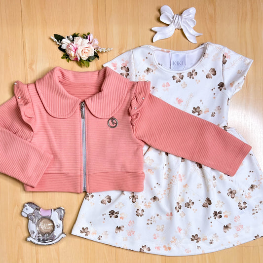 Vestido com Jaqueta Infantil Inverno Flores Caramelo - Kiki Xodó