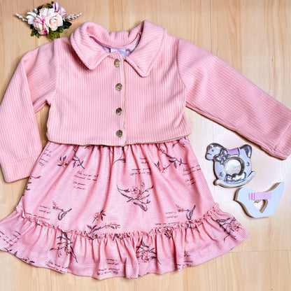 Vestido com Jaqueta Infantil Inverno Florzinha Rose - Kiki Xodó