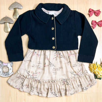 Vestido com Jaqueta Infantil Inverno Florzinha Preto - Kiki Xodó