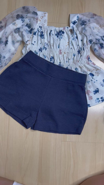 Conjunto Infantil Feminino Inverno Mangas Bufantes Azul - Kiki Xodó